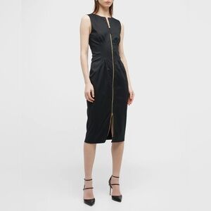Carolina Herrera Black Midi Dress with Gold Zipper zip stretch Cotton poplin 16